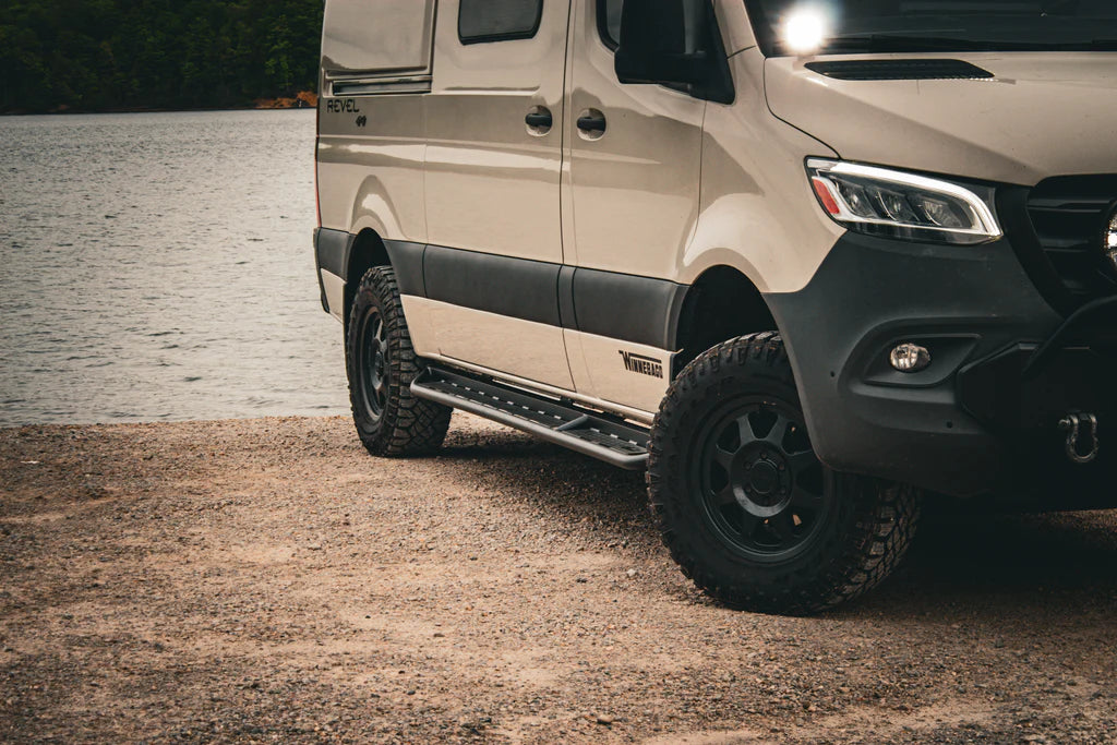 Sprinter With Rear Wheel Off CAtuned Off-Road Mercedes Sprinter Side Steps – Shadowmarq