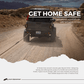 Jeep towing with a kinetic recovery rope on a dirt trail, featuring the Kinetic-X Recovery slogan "Get Home Safe" and message about gear reliability.