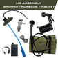 TrailWash DIY lid assembly kit with pressurized lid, German-made pump, battery pack, shower head, coiled hose, faucet attachment, and olive green carry bag