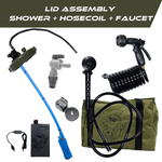 TrailWash DIY lid assembly kit with pressurized lid, German-made pump, battery pack, shower head, coiled hose, faucet attachment, and olive green carry bag