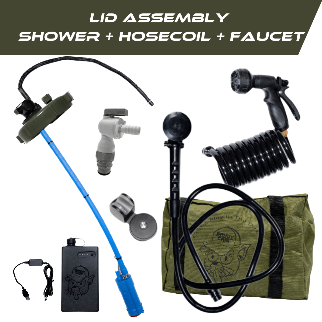 TrailWash DIY lid assembly kit with pressurized lid, German-made pump, battery pack, shower head, coiled hose, faucet attachment, and olive green carry bag