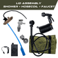 TrailWash DIY lid assembly kit with pressurized lid, German-made pump, battery pack, shower head, coiled hose, faucet attachment, and olive green carry bag
