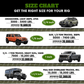 Kinetic rope size chart showing recommended diameters for different vehicle types and weights, including SUVs, trucks, Jeeps, vans, and overland rigs.
