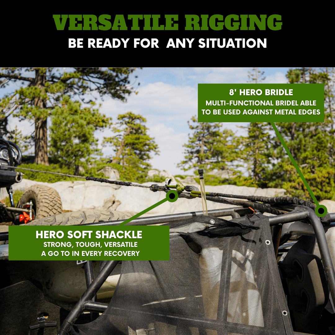 Hero Bridle and Soft Shackle used in an off-road recovery setup, showcasing versatile rigging from the Titan Recovery Kit against metal surfaces.