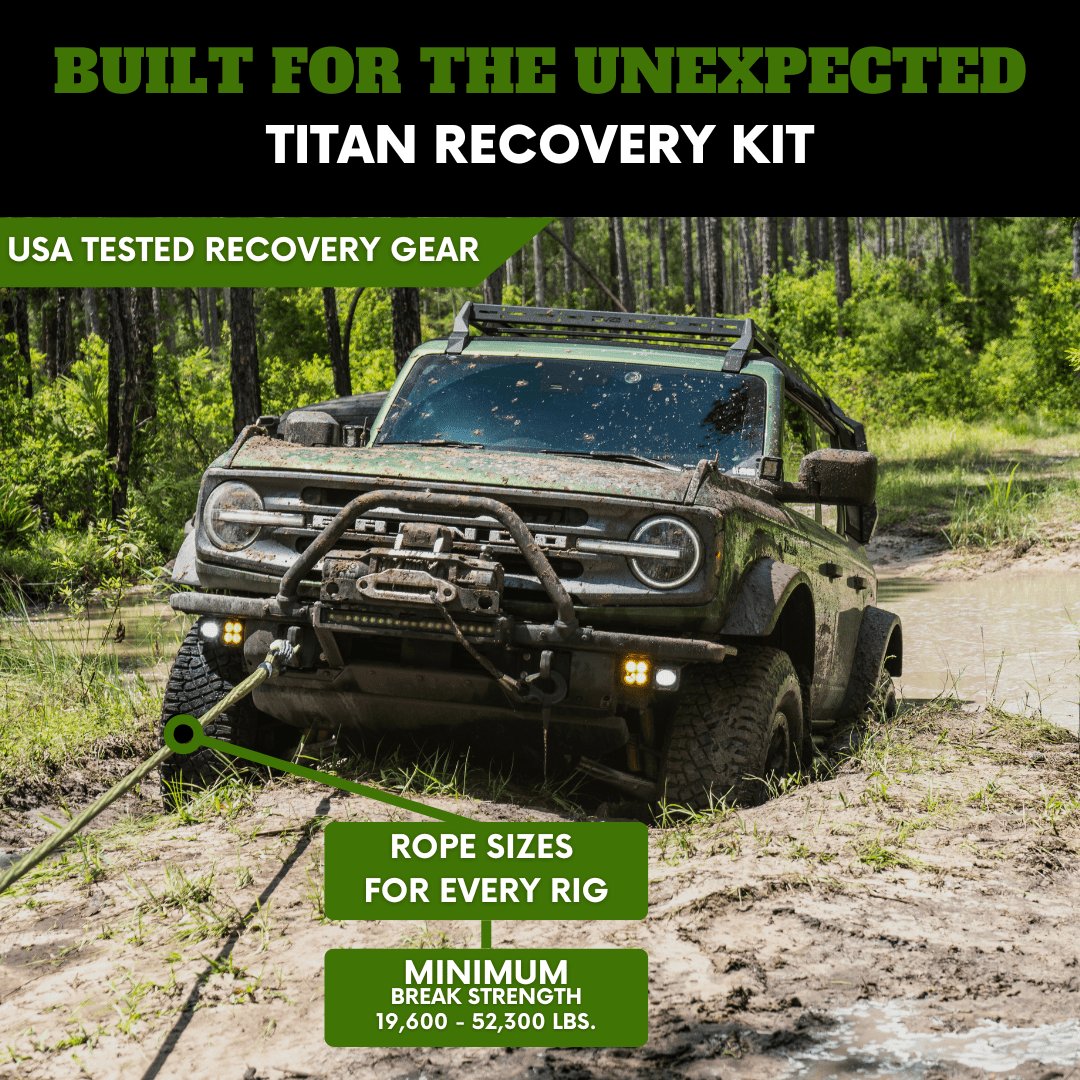 Bronco using Titan Recovery Kit in muddy terrain with tagline "Built for the Unexpected," featuring USA-tested kinetic rope rated from 19,600 to 52,300 lbs.