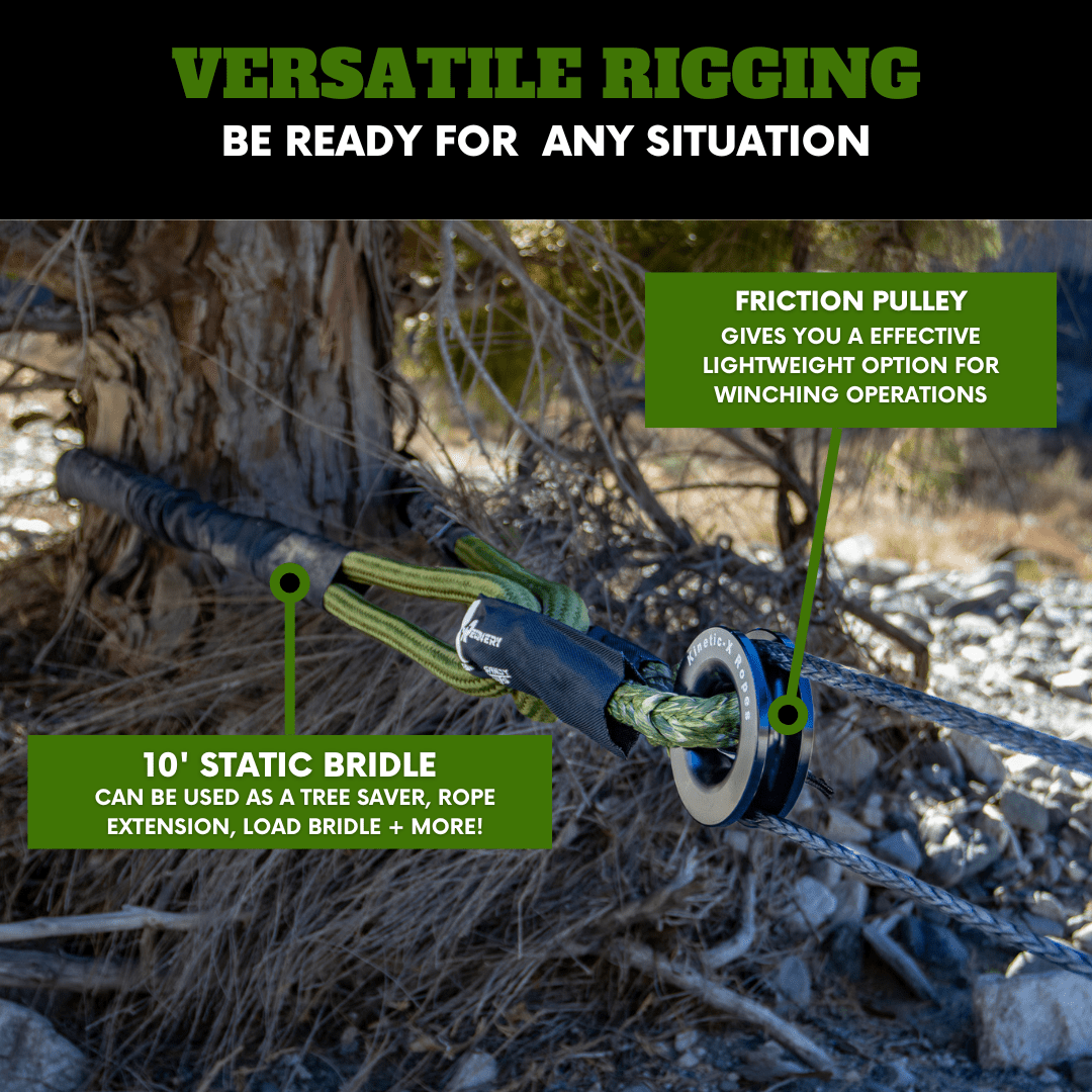 Static bridle and friction pulley used around a tree for winching, highlighting the Titan Recovery Kit’s versatility for rigging and load distribution.