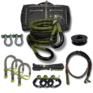 Complete Titan Recovery Kit with kinetic ropes, shackles, bridle, soft shackles, snatch ring, and gear bag for off-road vehicle recovery