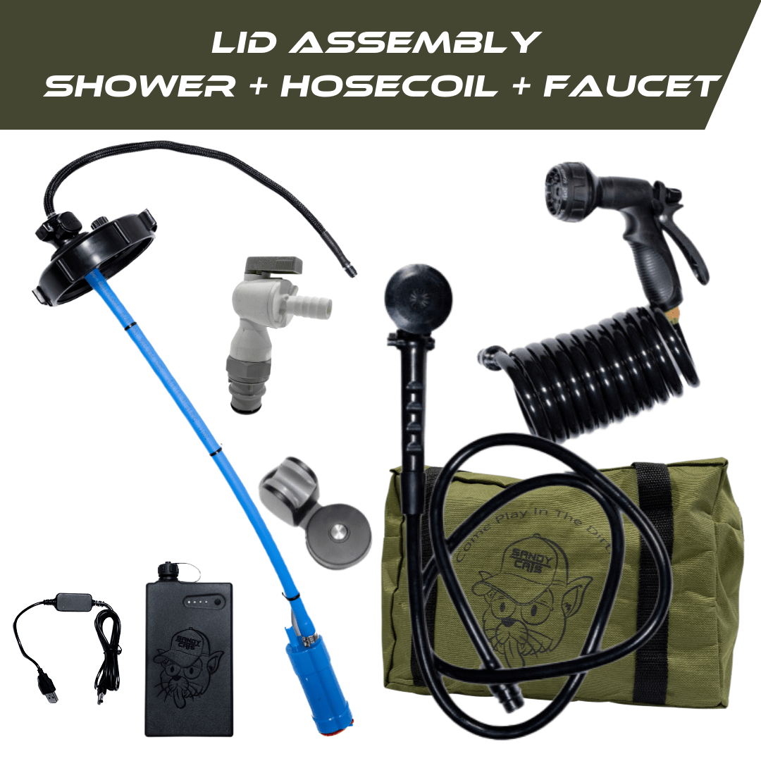 TrailWash DIY lid assembly kit with pressurized lid, German-made pump, battery pack, shower head, coiled hose, faucet attachment, and olive green carry bag