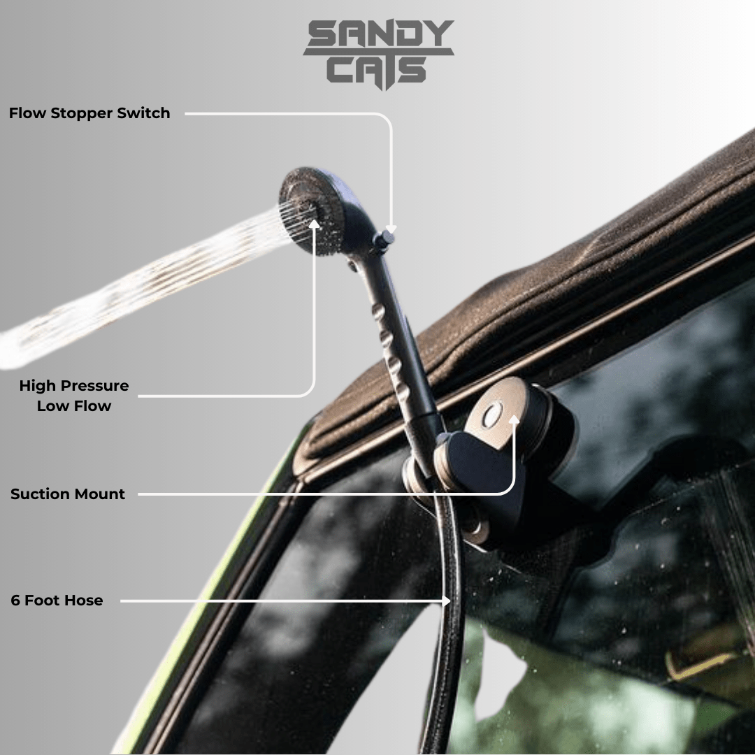 TrailWash shower head mounted to vehicle with suction cup, featuring flow stopper switch and 6-foot hose for high-pressure low-flow outdoor use