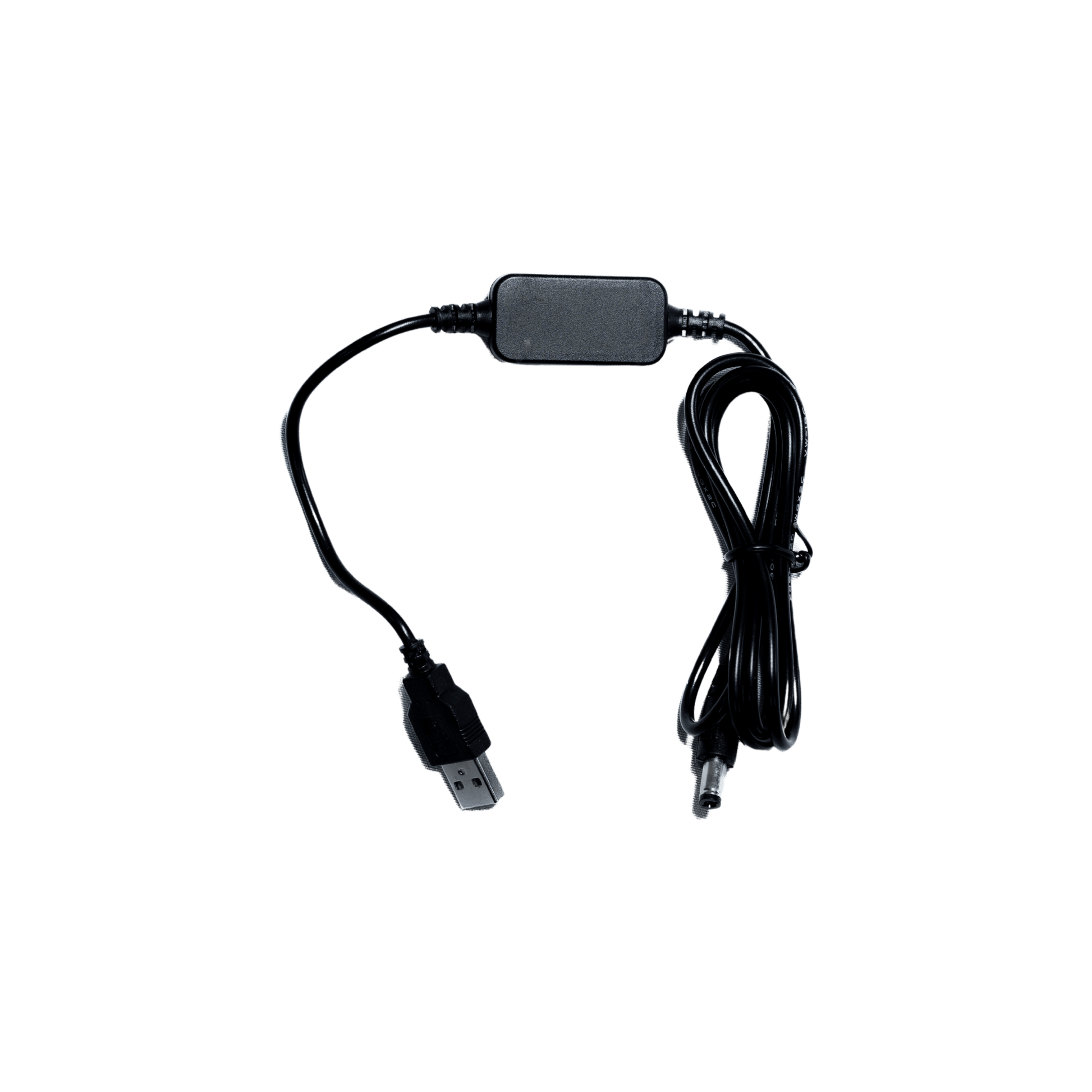 TrailWash waterproof battery charging cable with USB-A and barrel connector, isolated on transparent background