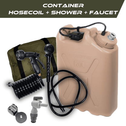 TrailWash portable shower and rinse system with sand Scepter can and accessories