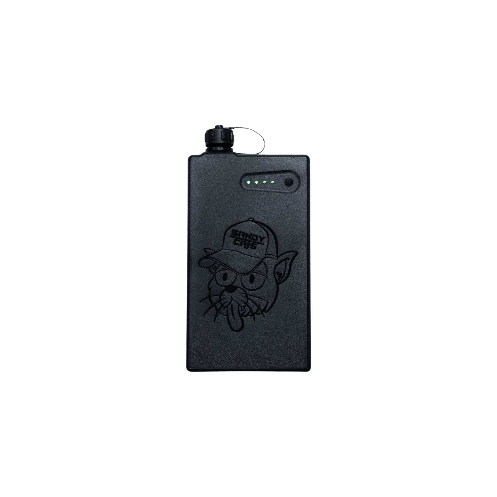 Waterproof TrailWash battery pack with Sandy Cats logo and LED charge indicator, isolated on a transparent background