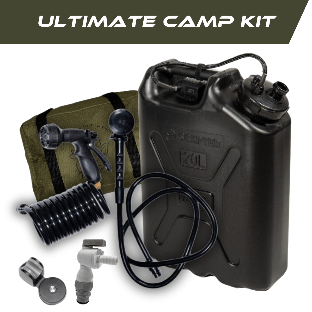 Ultimate Camp Kit with 20L Scepter can, sprayer, shower head, hose, and accessories for portable water use